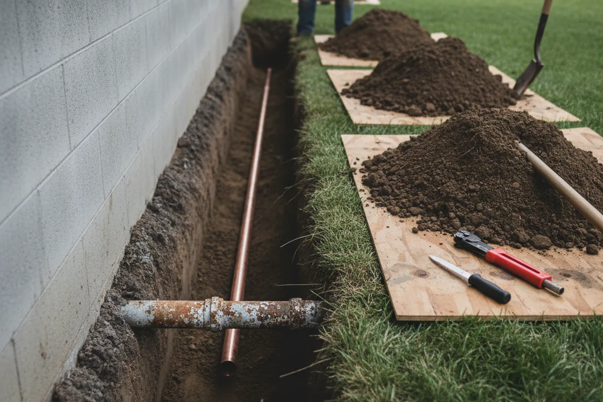 Excavated water line trench during Water Heater Repair in New Gretna